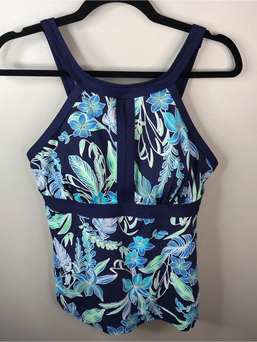 Lands' End Navy Floral Tankini Top with Aqua and Light Blue Prints Sz 8 DD